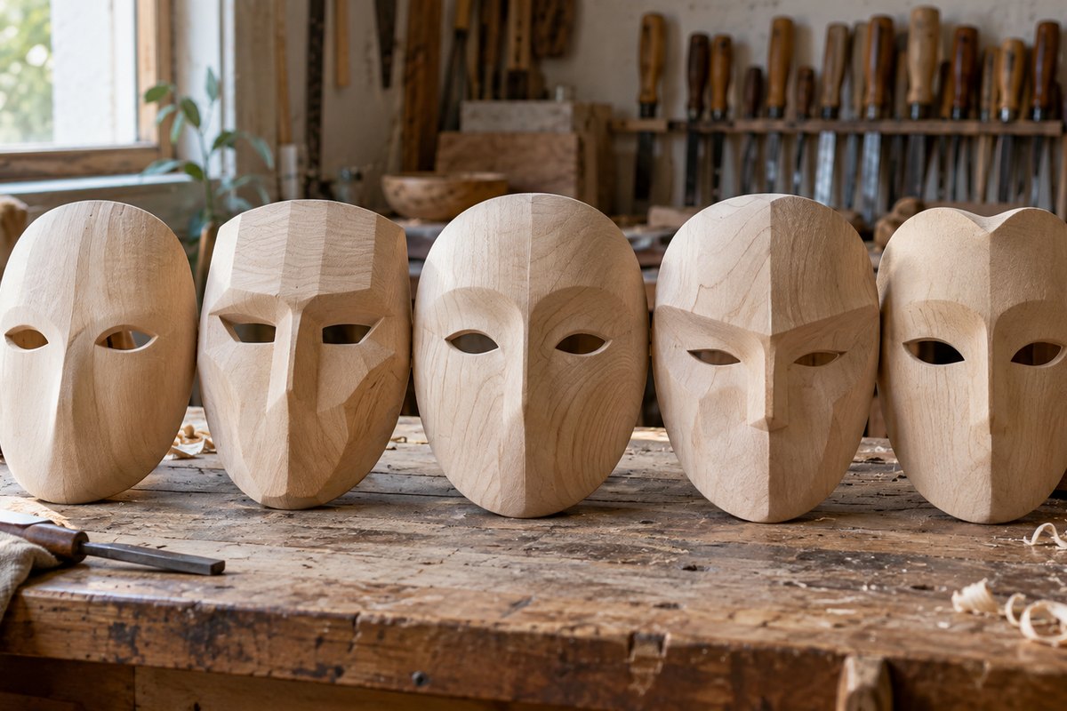 Fila di sbozzi di maschera in legno su una panca, senza volti noti