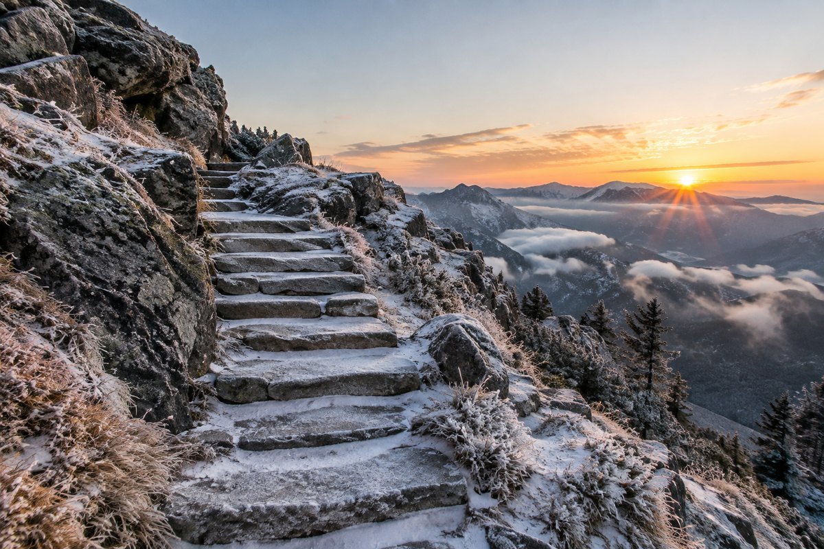 Gradini di pietra su un passo innevato, vuoti, al mattino