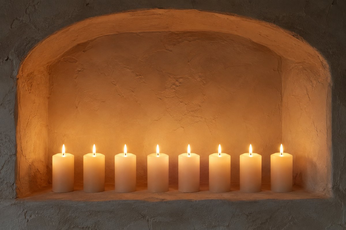Otto candele senza numeri in una nicchia di pietra, altezze diverse