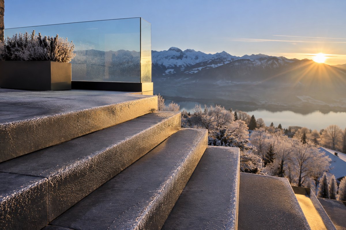 Quattro bordi di terrazza innevata con luci diverse, senza persone