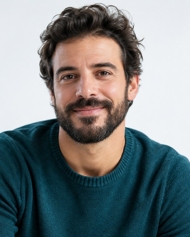 Elia Rizzi, barba, maglia verde lago, ritratto di studio